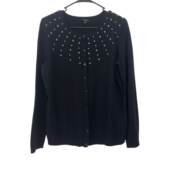 Talbots Women SZ Large Classic Button Up Black Cardigan Rhinestone Embellishment - Picture 12 of 13